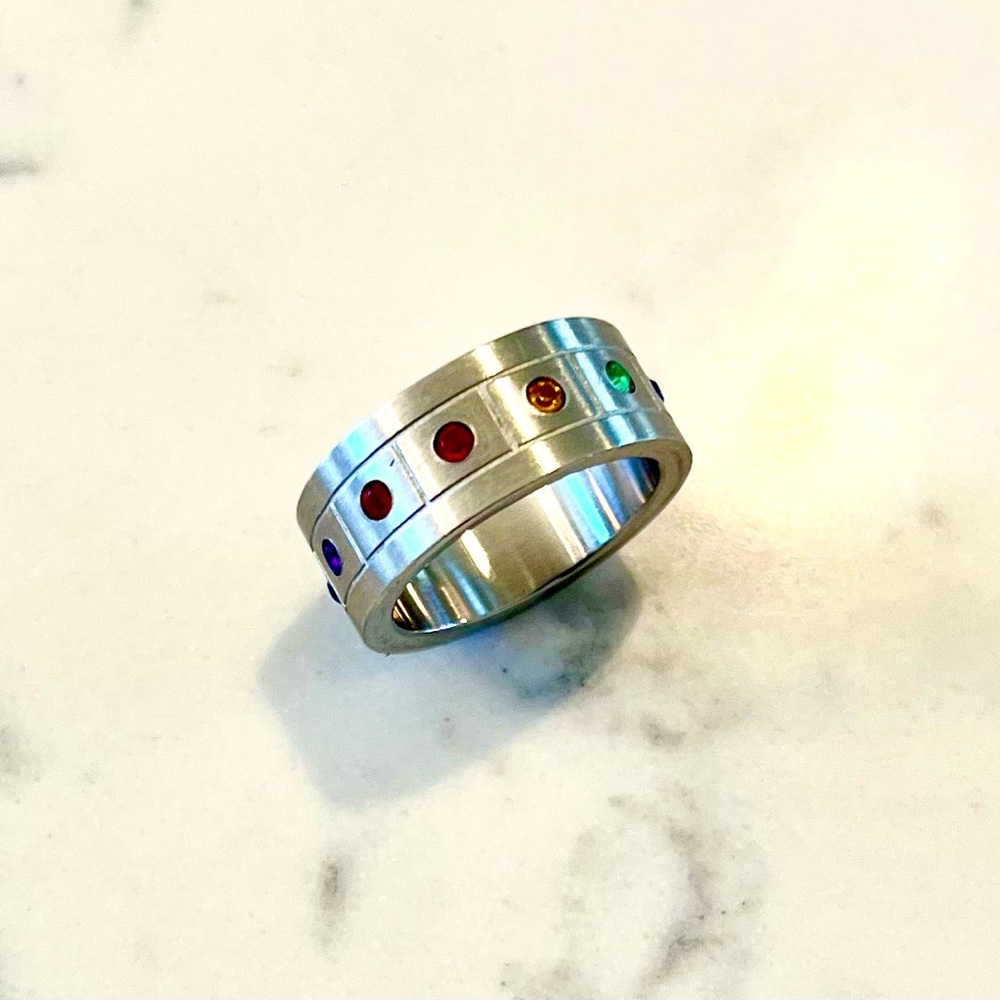 Men women unisex steel Pride ring with rainbow color stones, size 6
